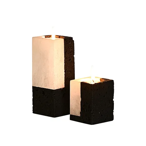 B/W travertine alabaster stone mini candlestick